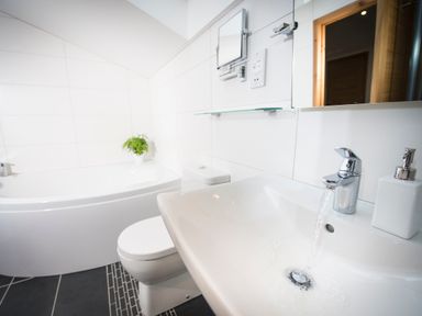 A bathroom with a sink running water a toilet a bathtub and a small plant at Aurae in Cawdor near Inverness