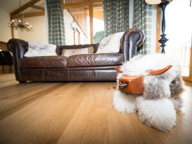 A living room with a brown leather sofa and a sheepskin covered wooden stool shaped like an animal at Atlas in Cawdor near Inverness