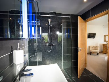 A bathroom with a glass shower enclosure and sink adjacent to a bedroom with a chair and television at Atlas in Cawdor near Inverness