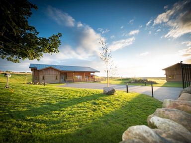 A grassy yard with two wooden buildings and a paved driveway at Atlas in Cawdor near Inverness