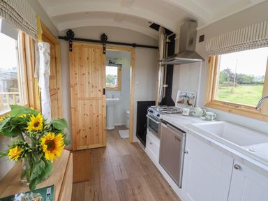 A kitchen with a wooden sliding door leading to a bathroom and sunflowers on a table at Shepherds Hut in Garthorpe near Scunthorpe