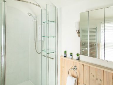 A bathroom with a glass shower enclosure wooden paneling a towel ring and a mirror at 11 Belgravia Street in Penzance