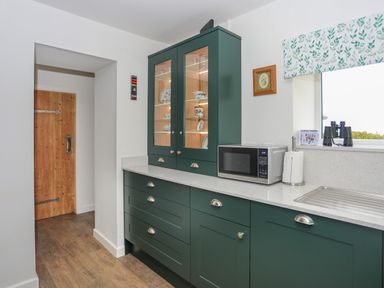 A kitchen with green cabinets a microwave paper towel holder and a window with binoculars at Bwthyn Y Swnt in Moelfre