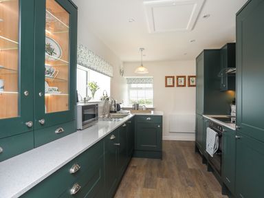 A kitchen with green cabinets white countertops a microwave sink and framed pictures on the wall at Bwthyn Y Swnt in Moelfre