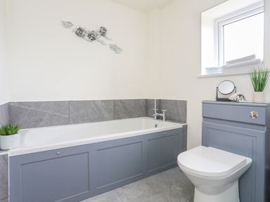 A bathroom with a bathtub a toilet a cabinet and small plants at Bwthyn Y Swnt in Moelfre