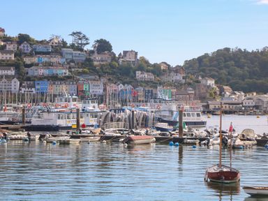 A harbor with boats and ferries docked with colorful houses on a hillside in the background at Secret Garden 34C Clarence Street Dartmouth