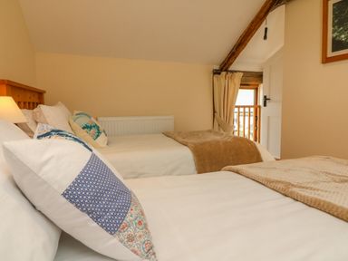 A bedroom with two single beds and patterned pillows at Hunstone Barn in South Molton