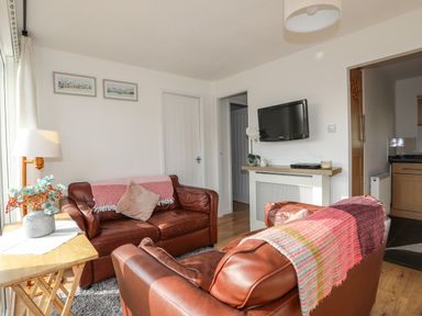 A living room with two brown leather sofas a wall mounted television and a wooden side table with flowers at Treetops in Caernarfon
