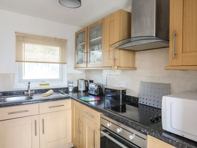 A kitchen with wooden cabinets a sink a microwave a toaster and an electric stove at Treetops in Caernarfon