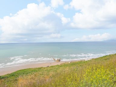 A coastline with a sandy beach and ocean waves with grassy cliffs in the foreground at Solana in Whitsand Bay