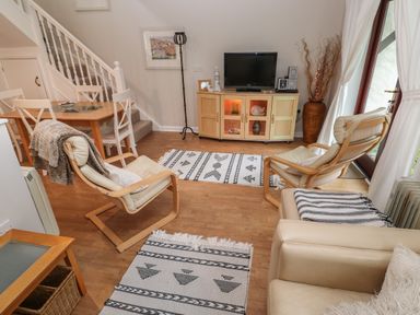 A living room with wooden chairs a wooden dining table a television on a wooden cabinet and rugs on the floor at Alberts Den in Falmouth