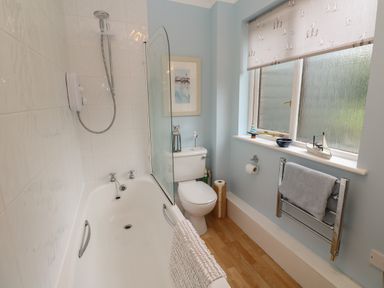 A bathroom with a bathtub shower combined toilet a towel rack and a window at Albert's Den in Falmouth