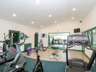 An exercise room with stationary bikes treadmill a bench and a large mirror at Alberts Den in Falmouth
