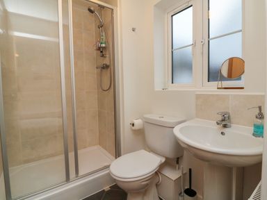 A bathroom with a shower, a toilet, and a sink under a window at Reubens Cottage in Fremington Devon