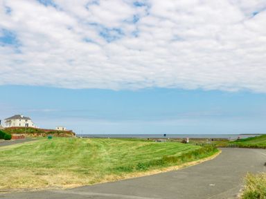 A paved road with grassy fields and houses near the coast with a view of the sea