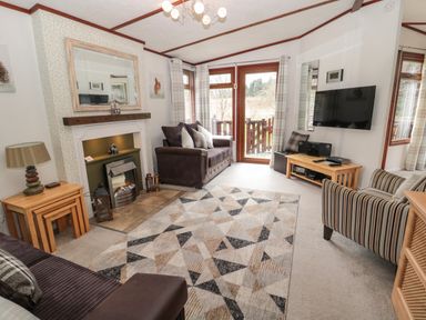 A living room with sofas a fireplace a wall mounted tv and a patterned rug at Evergreen Lodge Felmoor Holiday Park near Felton