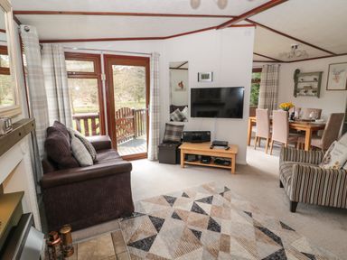 A living room with a sofa a TV and a dining table near Evergreen Lodge in Felmoor Holiday Park near Felton