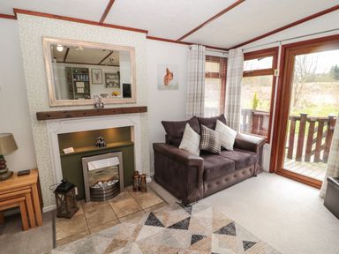 A living room with a brown sofa near windows with curtains and a glass door next to a fireplace with a large mirror above it at Evergreen Lodge in Felmoor Holiday Park near Felton