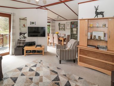 A living room and dining area with a TV on the wall a striped armchair a wooden cabinet and a dining table with chairs at Evergreen Lodge Felmoor Holiday Park near Felton