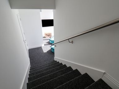 A carpeted staircase with a metal handrail leading to a room with a television and turquoise bean bags at The Penthouse in Scarborough