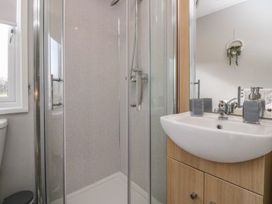 A bathroom with a shower enclosure a sink with soap dispensers and a small plant on the wall at Lakeside 20 in Warton near Carnforth