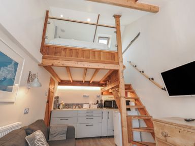 A living room with a kitchenette and an upper bed at Little Coombe Trehunist near Liskeard