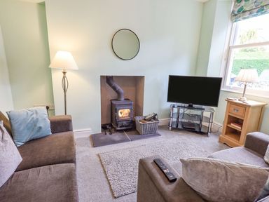 A living room with two sofas a wood burning stove television on a stand and a side table with a lamp at Woolly End Cottage in Ambleside