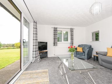 A living room with a glass coffee table with flowers a blue armchair yellow cushions a gray sofa a TV on a stand and sliding glass doors at The Old Forge in Trerulefoot