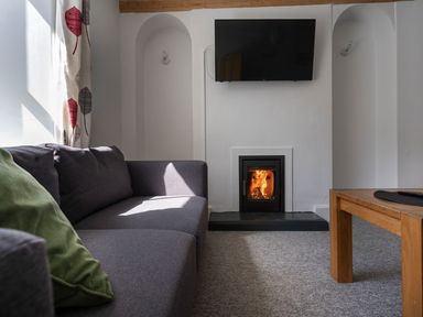 A living room with a grey sofa a green cushion a wood burning stove a wall mounted tv and a wooden coffee table at Ayr Farmhouse in St Ives