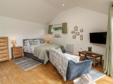 A bedroom with a bed sofa wooden furniture and a wall-mounted TV at Jasmine Bydown near Barnstaple