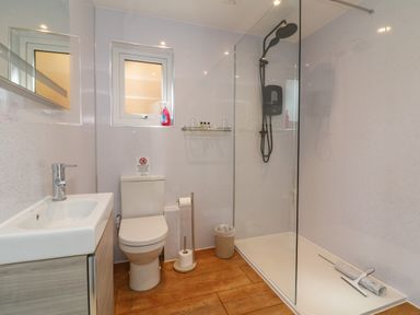 A bathroom with a sink, toilet, window, shower area with glass divider and wooden floor at Jasmine Bydown near Barnstaple