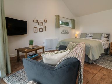 A bedroom with a bed, an armchair with pillows and a blanket, a coffee table, a wall-mounted TV, and framed pictures on the wall at Fern in Bydown near Barnstaple