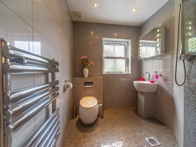 A bathroom with a toilet sink shower window and towel radiator at Parc Y Deri in Rhos-y-garth near Aberystwyth