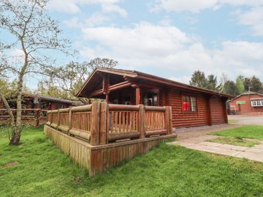 An outdoor view of a wooden cabin with a fenced porch and grass surrounding it at 24 Lakeside Drive in Felton