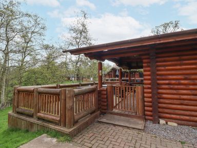 An exterior view of a wooden cabin with a covered porch and wooden railing surrounded by trees at 24 Lakeside Drive Felton