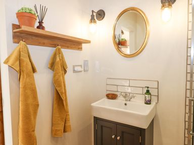 A bathroom with a sink cabinet mirror wall lights towels on hooks and a shelf with a plant at Church Farm Dairy Cadbury near Thorverton