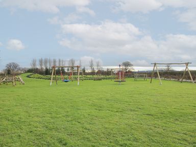 An outdoor playground with swings climbing equipment wooden structures and grass at Swan in Shobdon