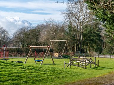 A playground with swings and a climbing frame at Swan in Shobdon