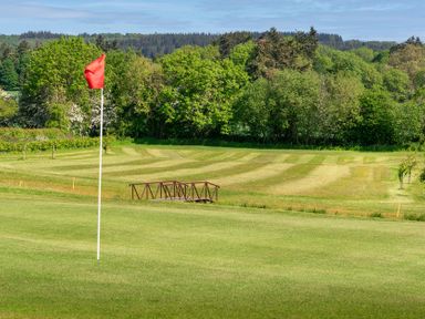 A golf course with a flag and a bridge at Swan in Shobdon