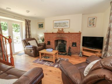 A living room with a fireplace and sofa at Felin Gogoyan Tregaron