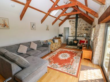A living room with exposed wooden beams stone walls a wood burning stove a gray sectional sofa an orange patterned rug and framed animal pictures on the wall at Bryn Nante Morvil near Maenclochog