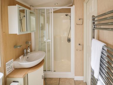 A bathroom with a sink cabinet, mirror cabinet, glass door shower, and a towel rack with a white towel at Daisy in Eardisland