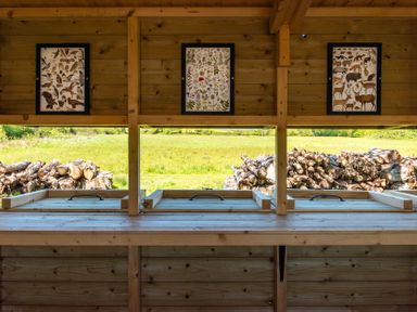 A wooden structure with artwork and a view of logs and green fields at Daisy in Eardisland