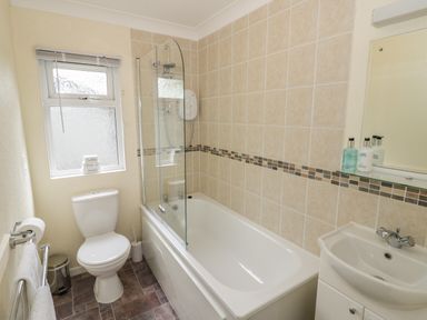 A bathroom with a toilet, bathtub with shower screen, sink with mirror and toiletries at Daffodil in Eardisland