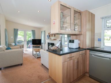 A kitchen and living room with appliances at Daffodil in Eardisland