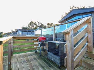 A wooden deck with a red barbecue grill and a gray wicker storage unit outside a modern cabin at Lake View Lodge in Tallington