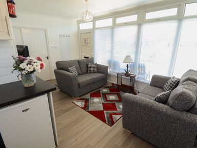 A living room with two grey sofas a red patterned rug a small table with a lamp and flowers on a kitchen counter at 114 Cherry Park in Chapel St Leonards
