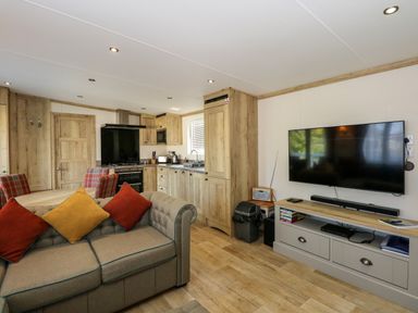 An open living room and kitchen with a sofa with colored cushions dining table chairs and a wall mounted TV at 18 Woodlands Retreat in Tattershall