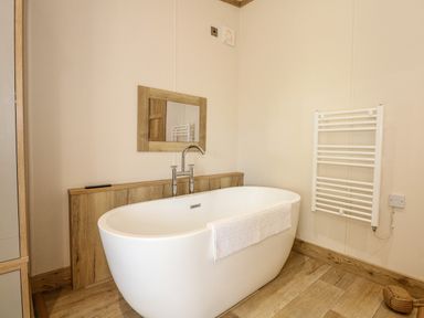 A bathroom with a freestanding bathtub a wall-mounted mirror and a towel radiator at 18 Woodlands Retreat in Tattershall