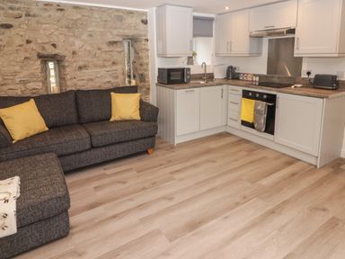 A kitchen and living area with grey sofa and yellow cushions and white cabinets at The Nest in Amroth